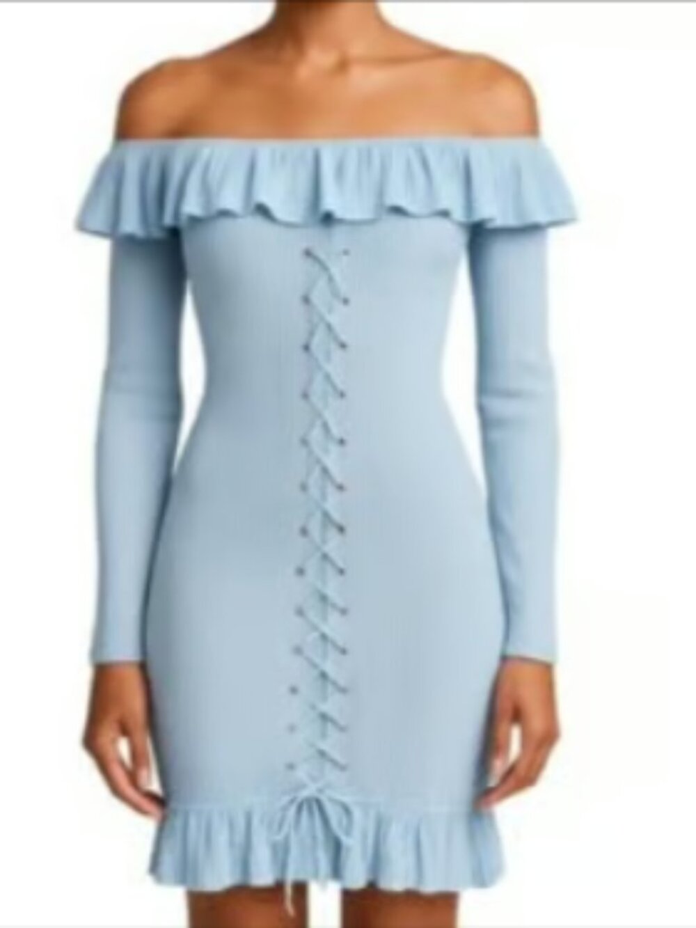 Fashion Nova Blue Dress Lace Ribbed Knit Up On / Off Shoulder Long Sleeve MED